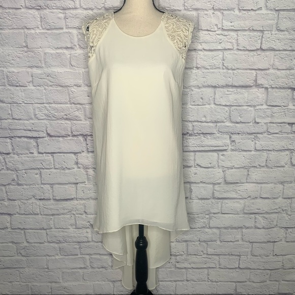 Marciano Ivory Textured Satin Lace Sleeve High Low Shift Dress - Picture 5 of 16